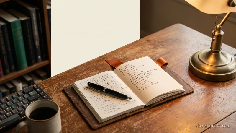 Leather notebook with a handwritten SaaS idea validation checklist and crossed-out lines, a pen and coffee on a warm wooden desk in golden-hour light