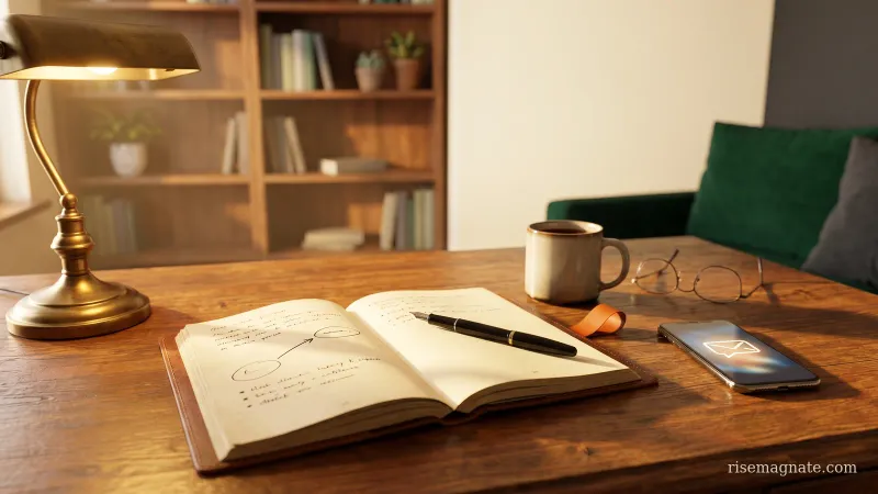 Notebook sketch of an arrow connecting two circles beside a phone showing an email icon — finding your first paying SaaS customer by hand, on a warm wooden desk