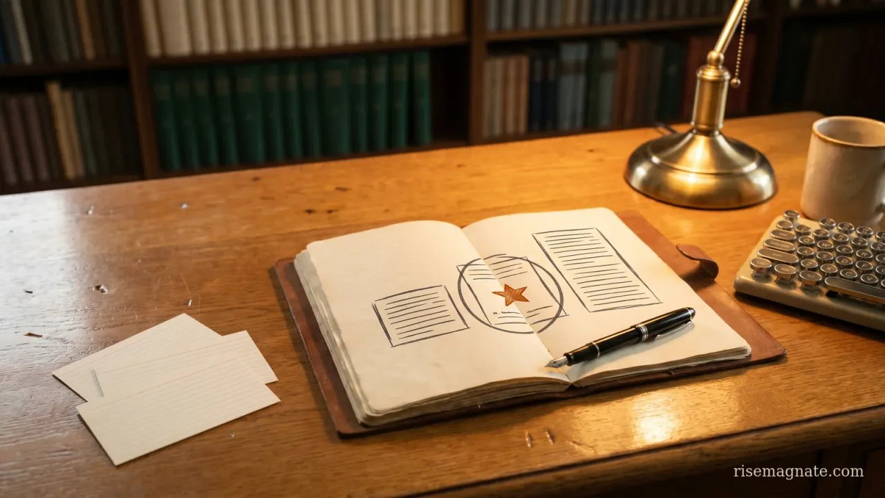 Notebook showing three SaaS pricing-tier columns with the middle tier circled in burnt orange, a pen resting on a warm wooden desk