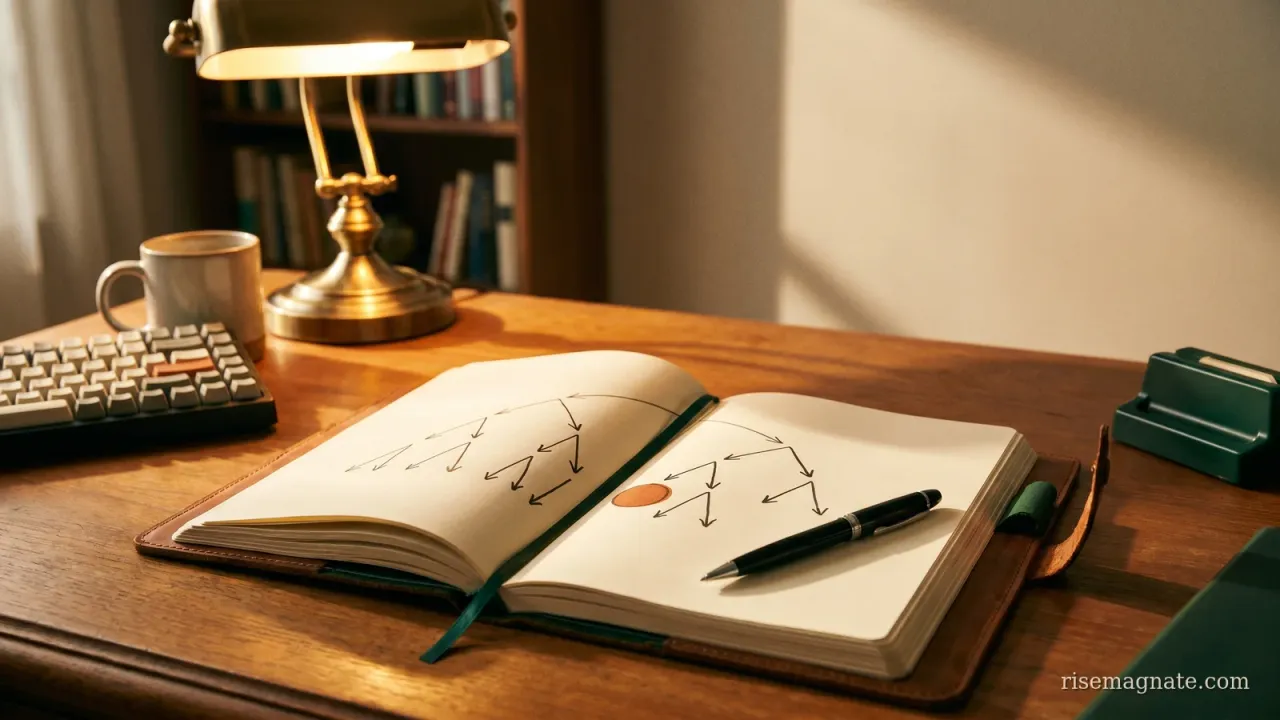 Notebook with a forked decision-tree sketch weighing free trial versus freemium, one branch marked in burnt orange, on a warm wooden desk