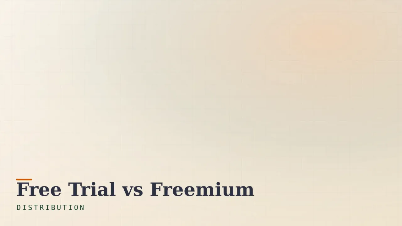 Notebook with a forked decision-tree sketch weighing free trial versus freemium, one branch marked in burnt orange, on a warm wooden desk