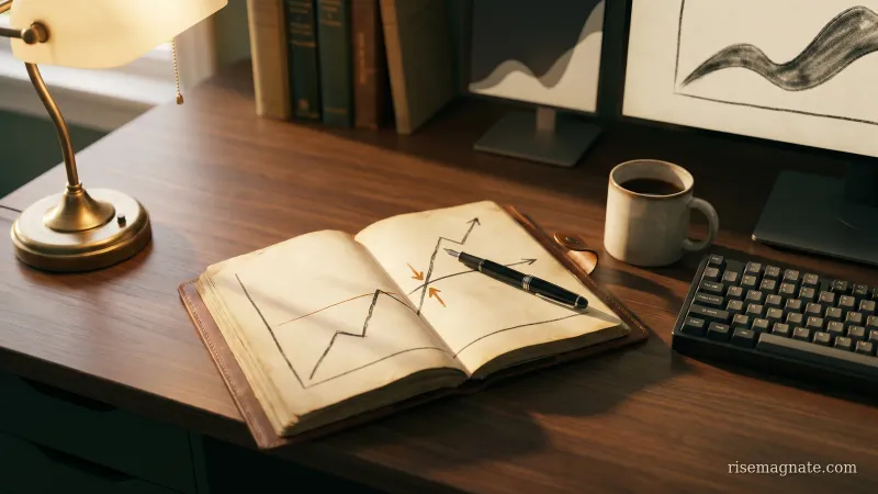 Notebook with a rising revenue line crossing a flat break-even MRR threshold marked by orange arrows, a pen on a warm wooden desk