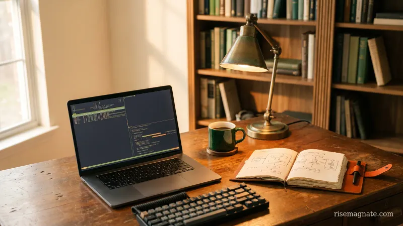 Laptop with terminal panes beside a notebook system diagram on a warm desk at golden hour