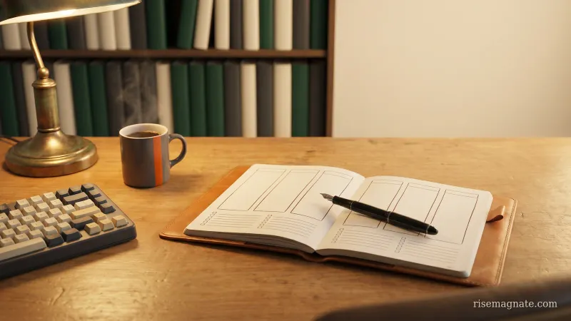 Open notebook showing a weekly review page with a seven-day grid and checklist on a warm desk