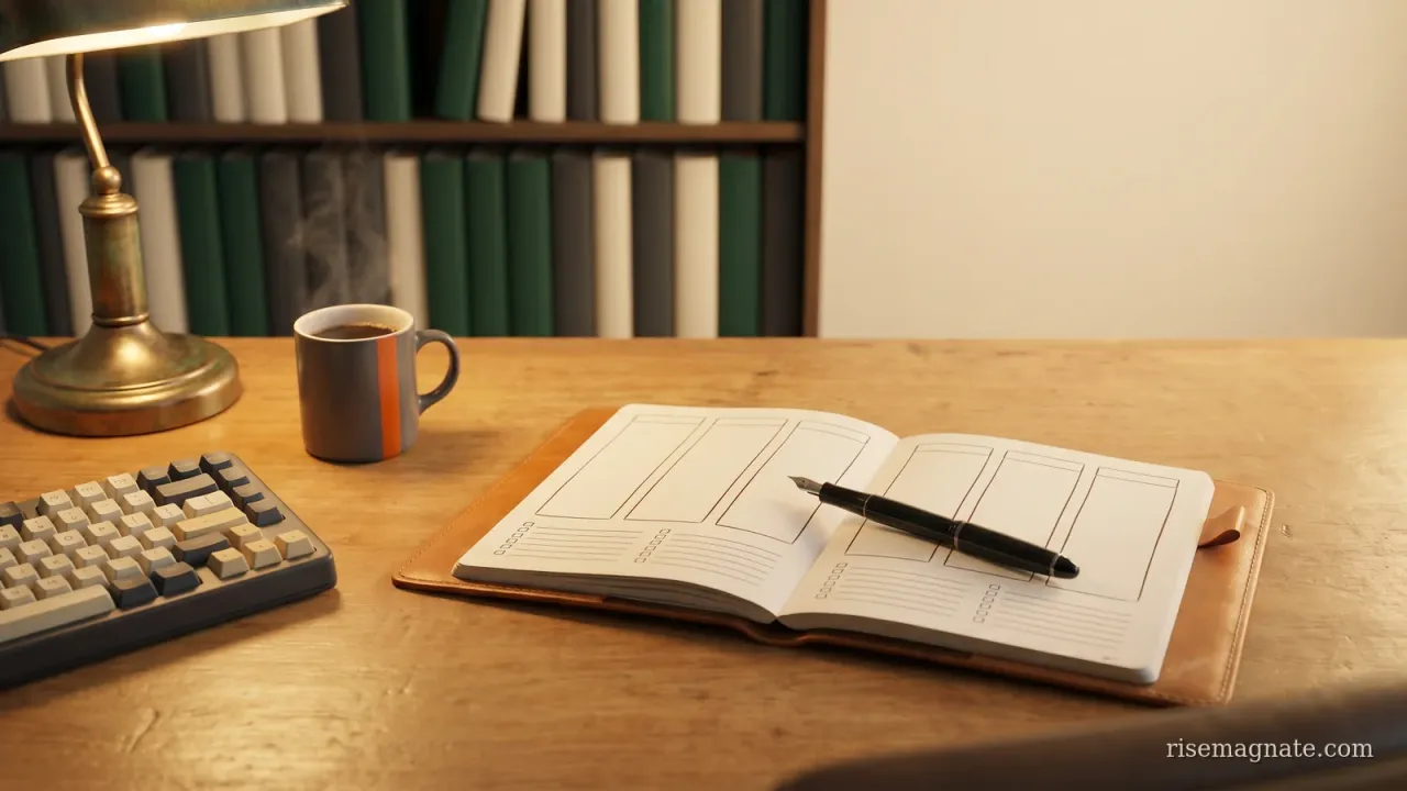 Open notebook showing a weekly review page with a seven-day grid and checklist on a warm desk