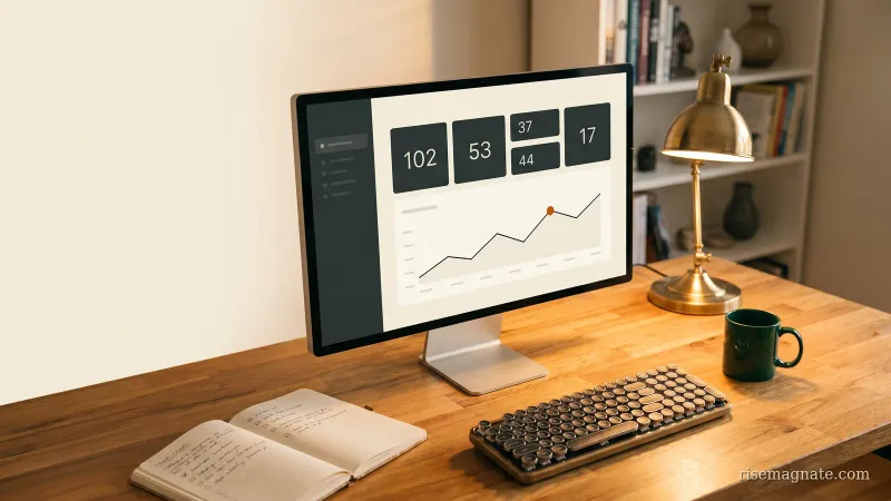 Monitor showing a minimal metrics dashboard beside a notebook on a warm wooden desk at golden hour