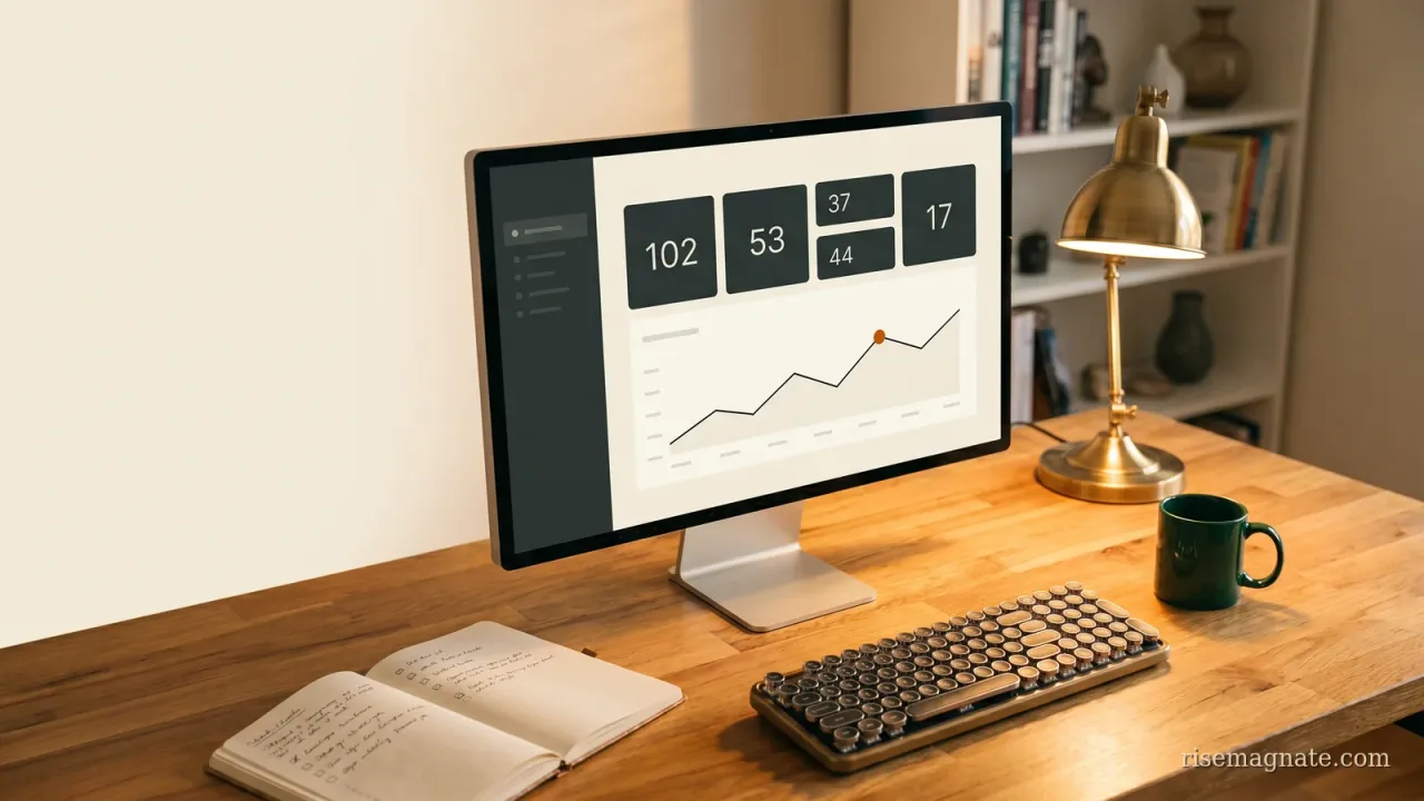 Monitor showing a minimal metrics dashboard beside a notebook on a warm wooden desk at golden hour