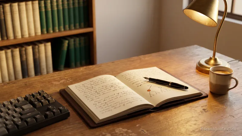 Open leather journal with dated decision entries and a branching doodle beside a fountain pen on a warm desk