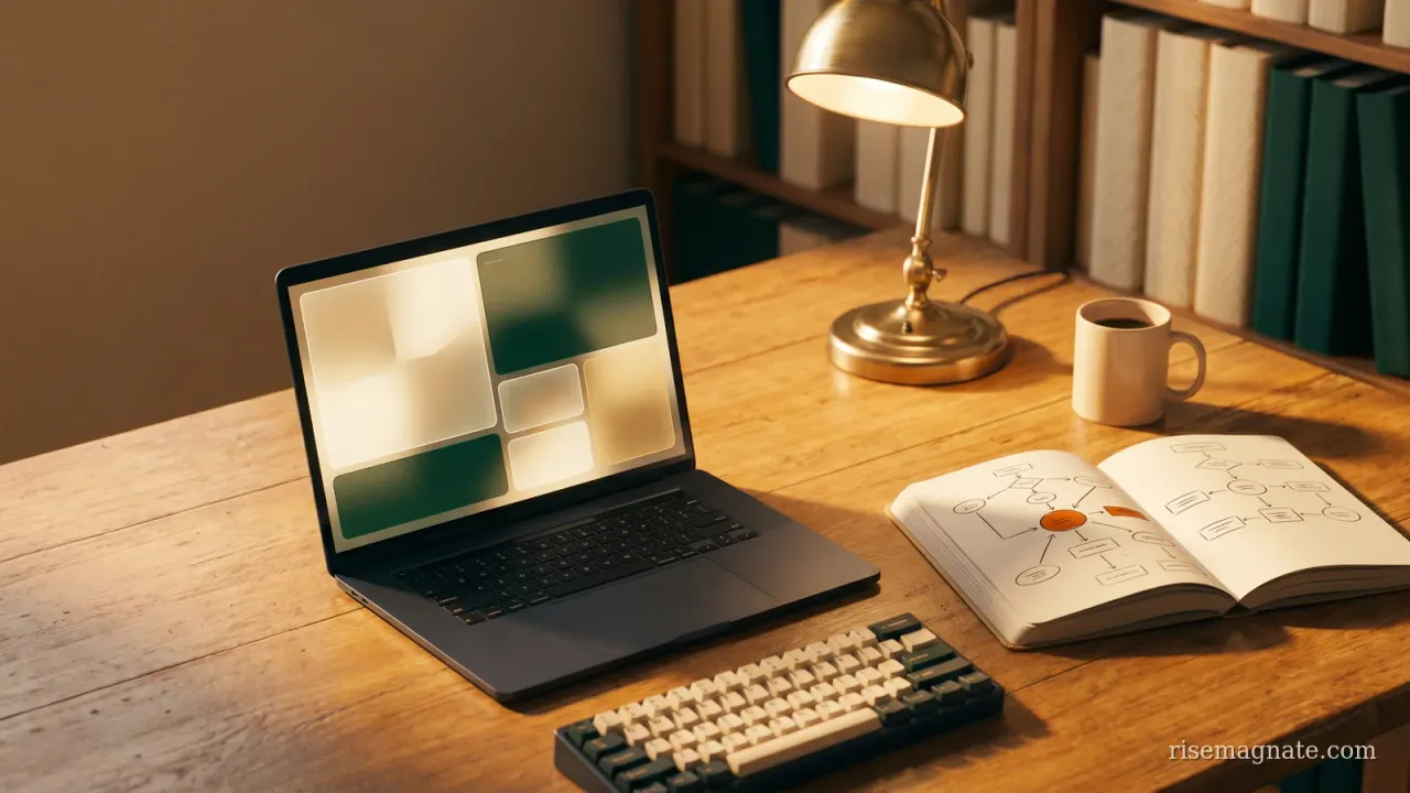 Laptop showing an AI assistant and terminal beside a notebook workflow diagram on a warm desk at golden hour