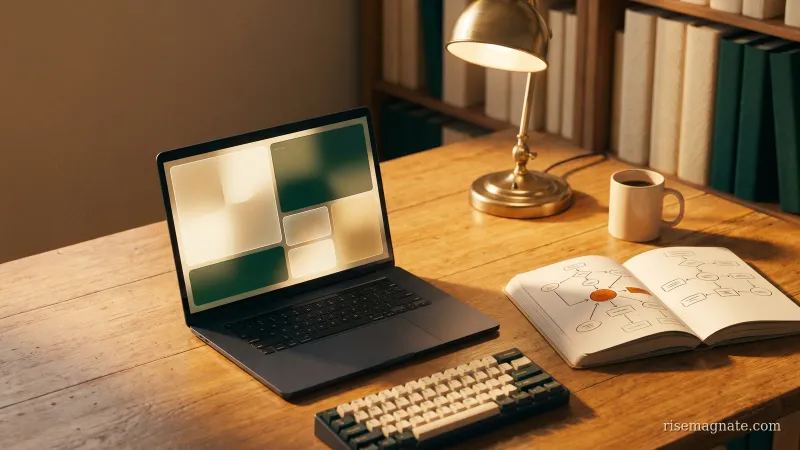 Laptop showing an AI assistant and terminal beside a notebook workflow diagram on a warm desk at golden hour