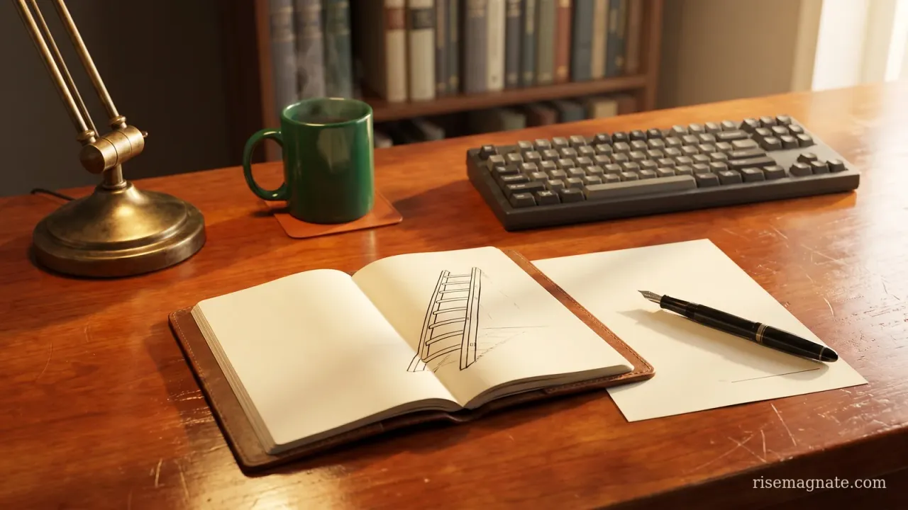 Notebook with a hand-drawn pre-sell ladder beside a blank letter of intent and a fountain pen on a warm desk