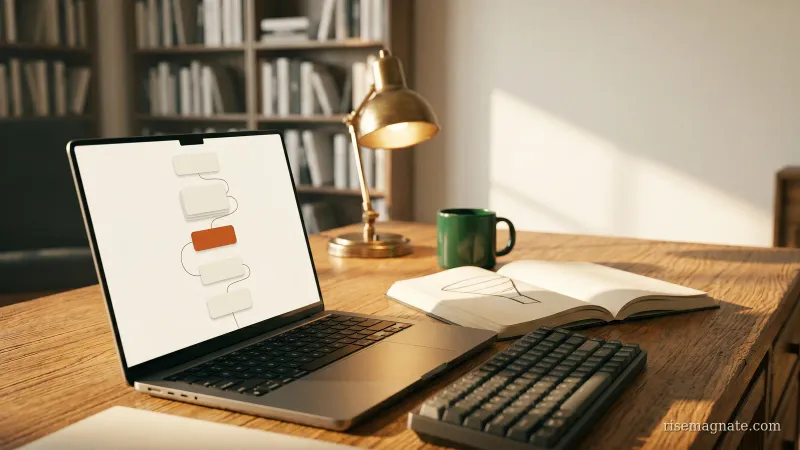 Laptop showing an abstract onboarding email sequence beside a notebook funnel sketch on a warm desk