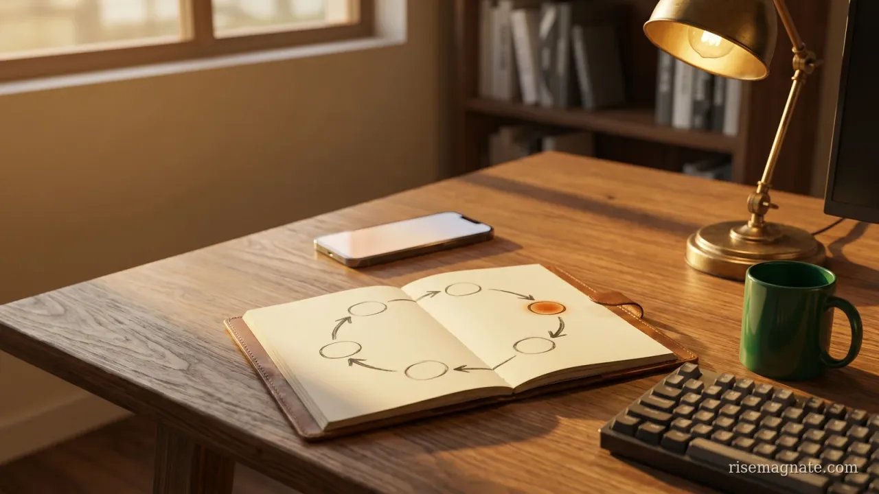 Notebook with a hand-drawn sales-loop diagram beside a phone on a warm wooden desk