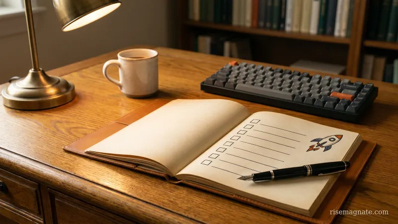Notebook with an empty launch checklist and a small rocket doodle beside a pen on a warm desk
