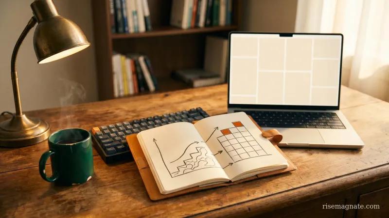 Notebook with an ascending steps diagram from manual service to software beside a laptop on a warm desk