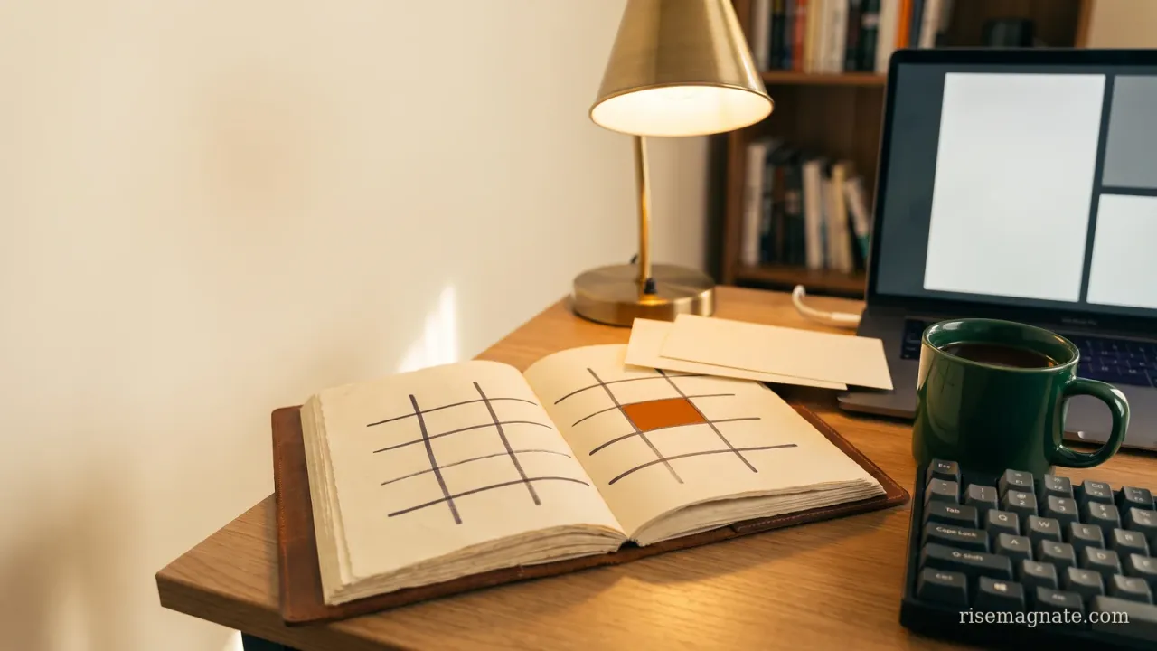 Notebook with a hand-drawn pricing comparison grid, one cell shaded burnt orange, on a warm wooden desk