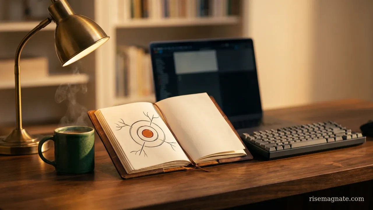 Notebook with a hand-drawn open-core diagram, a solid core circle inside a larger ring, on a warm wooden desk