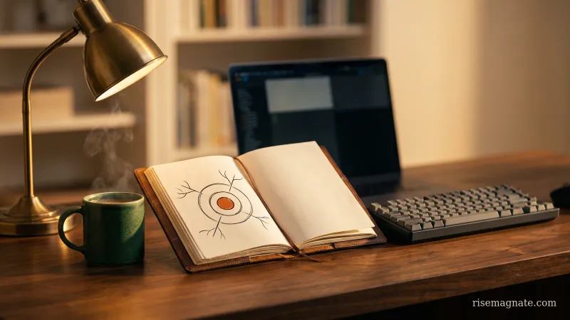 Notebook with a hand-drawn open-core diagram, a solid core circle inside a larger ring, on a warm wooden desk