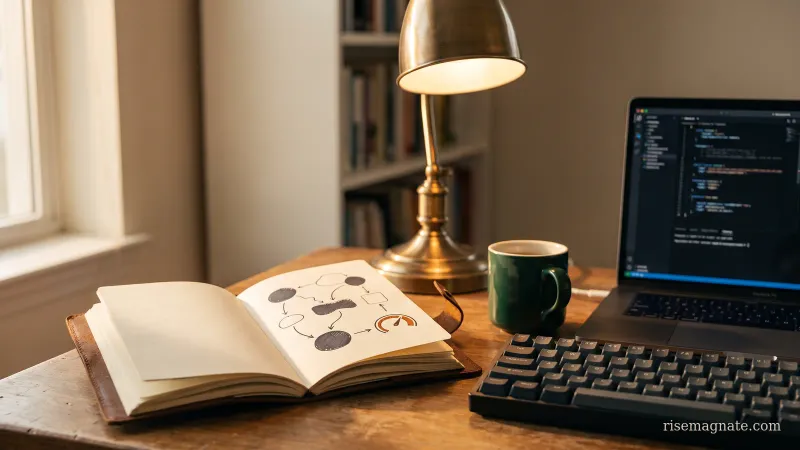 Notebook with a hand-drawn API-flow diagram leading into a metering gauge, on a warm wooden desk