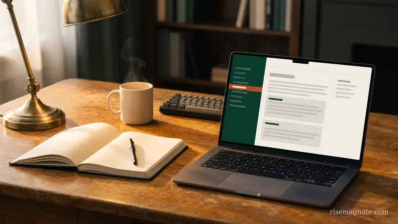 Laptop showing an abstract documentation layout with a sidebar and content blocks beside an open manual, on a warm desk