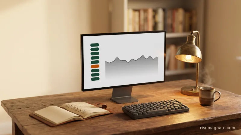 Monitor showing an abstract status dashboard of green pills with one orange, beside a notebook, on a warm desk