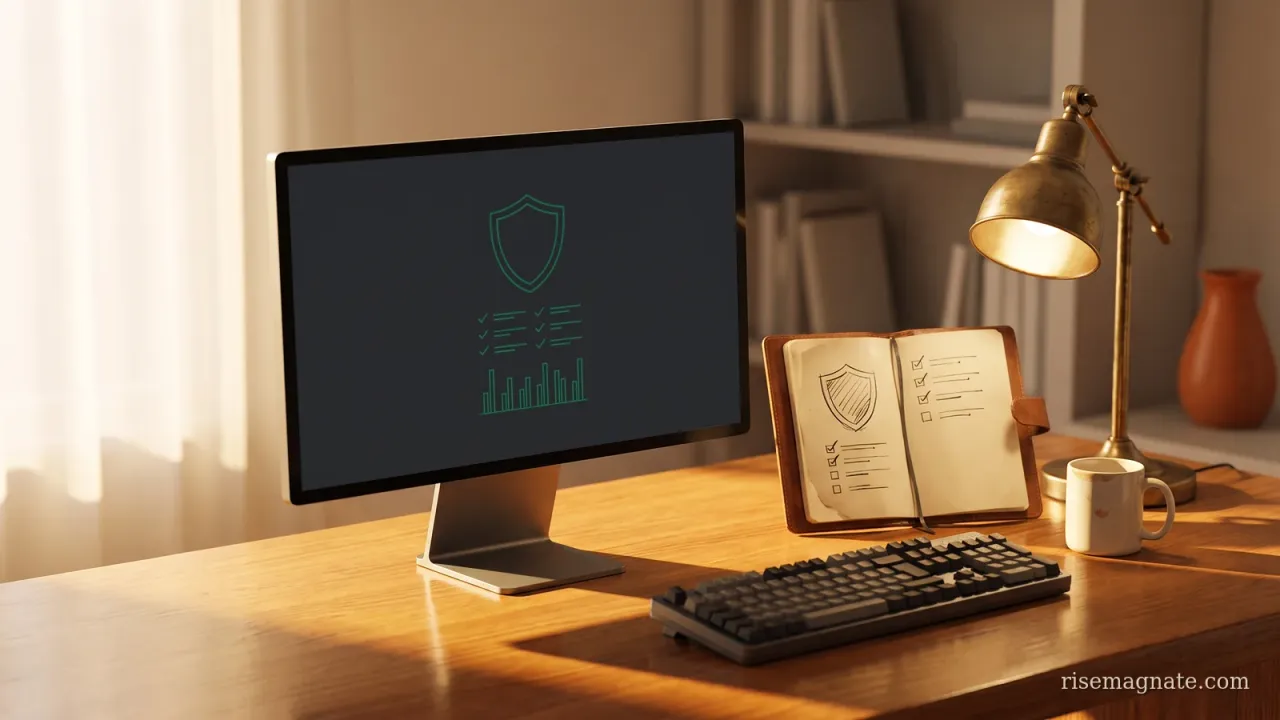 Monitor showing an abstract security page with a shield and a checklist beside a notebook on a warm desk