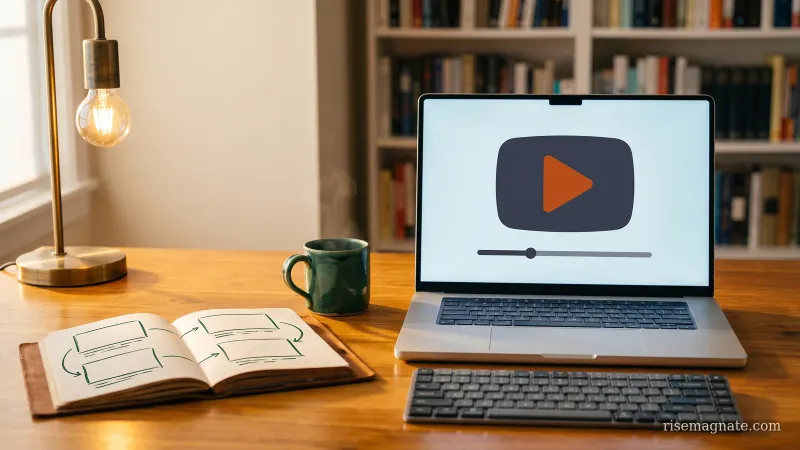 Laptop showing an abstract video player beside a notebook storyboard sketch on a warm desk