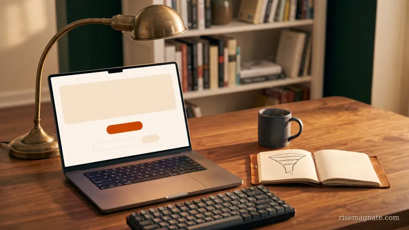 Laptop showing an abstract minimal landing page with a call-to-action beside a notebook funnel sketch on a warm desk