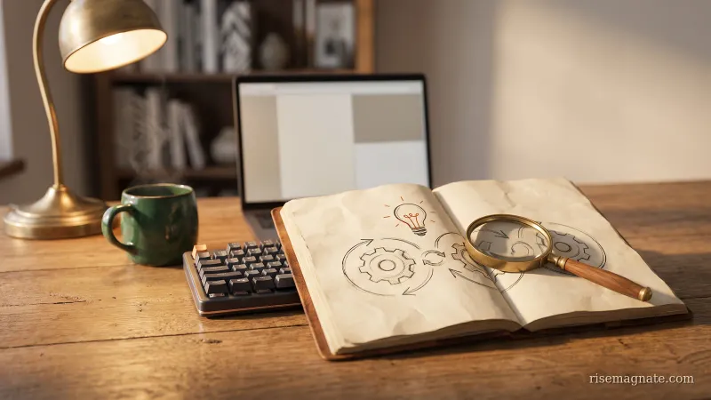 Notebook with a workflow loop, lightbulb and magnifying glass sketch on a warm wooden desk