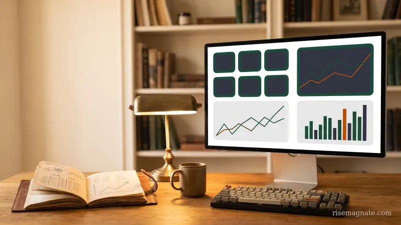 Monitor showing an abstract metrics dashboard of tiles and charts beside a notebook on a warm desk