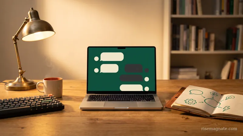 Laptop showing an abstract support inbox beside a notebook three-channel diagram on a warm desk