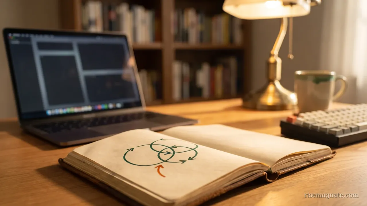 Notebook with a hand-drawn closed-loop referral diagram of two circles and curved arrows on a warm desk