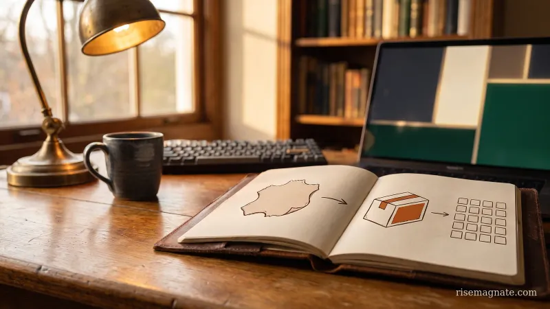 Notebook showing a custom shape becoming a standardized package box then a grid, on a warm desk
