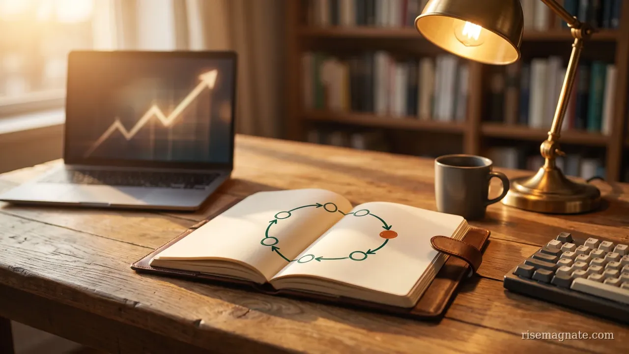 Notebook showing a circular customer-lifecycle loop beside a rising retention curve on a warm desk