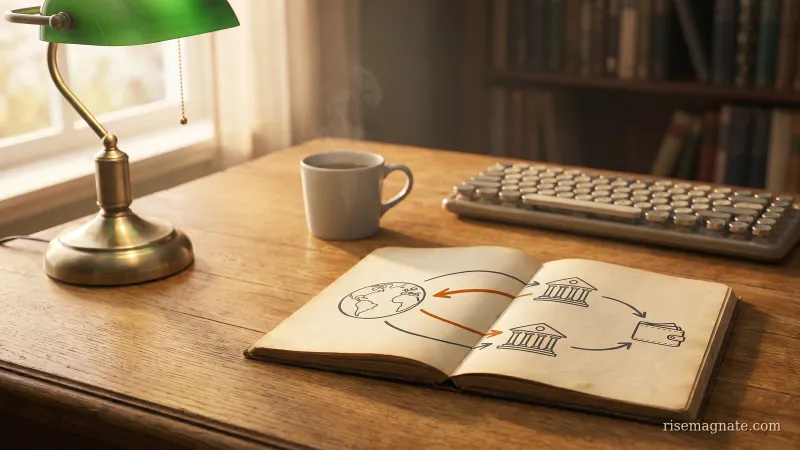 Notebook with a hand-drawn cross-border money-flow diagram from a globe through banks on a warm desk