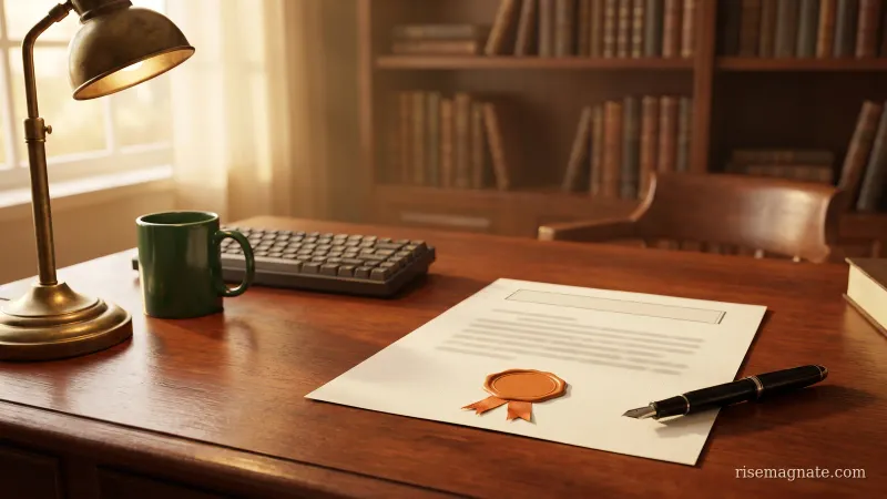 A formation document with a blank embossed seal and a fountain pen on a warm wooden desk