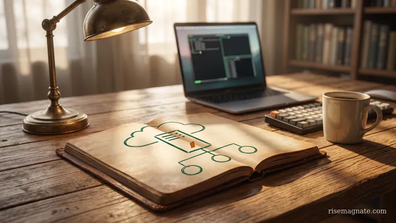 Notebook with a minimal single-server infrastructure diagram beside a laptop on a warm desk