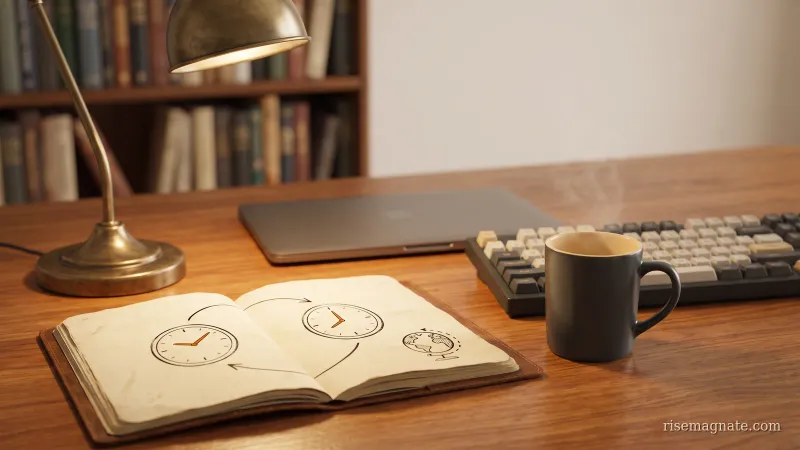 Notebook with two analog clock faces and a globe arc sketch on a warm wooden desk