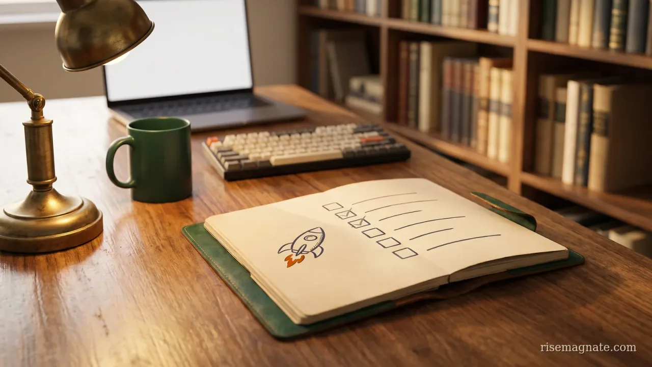 Notebook with a hand-drawn launch checklist of empty checkboxes and a small rocket on a warm desk