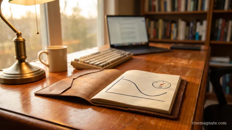 Notebook with a hand-drawn cash-over-time curve dipping then rising, beside a fuel gauge, on a warm desk