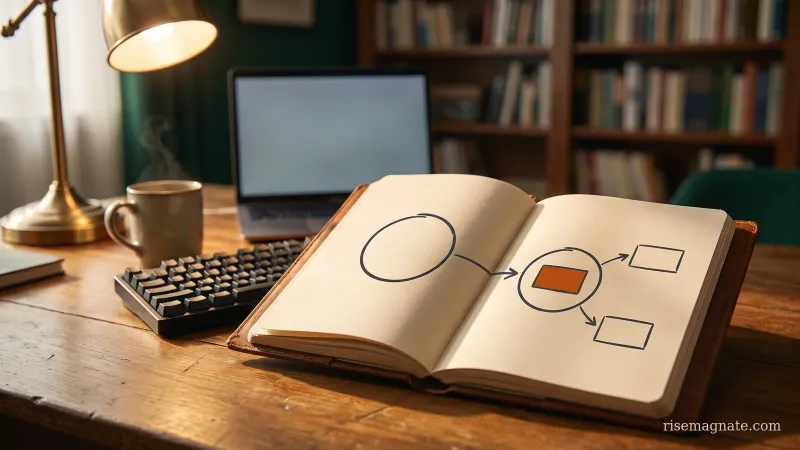 Notebook with a hand-drawn delegation diagram handing a task from one node to another on a warm desk