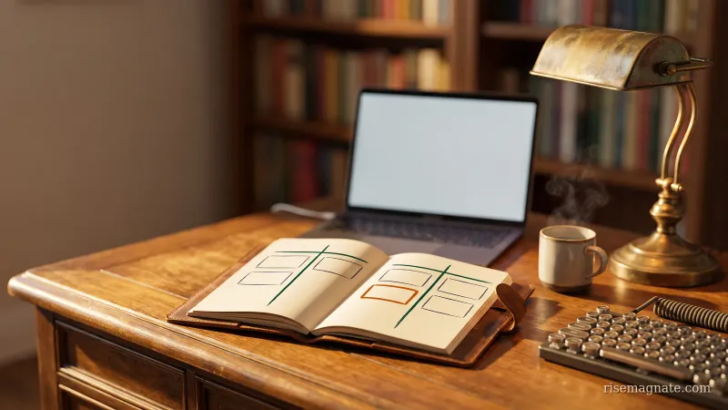 Notebook with a hand-drawn now-next-later roadmap board of blank cards on a warm desk