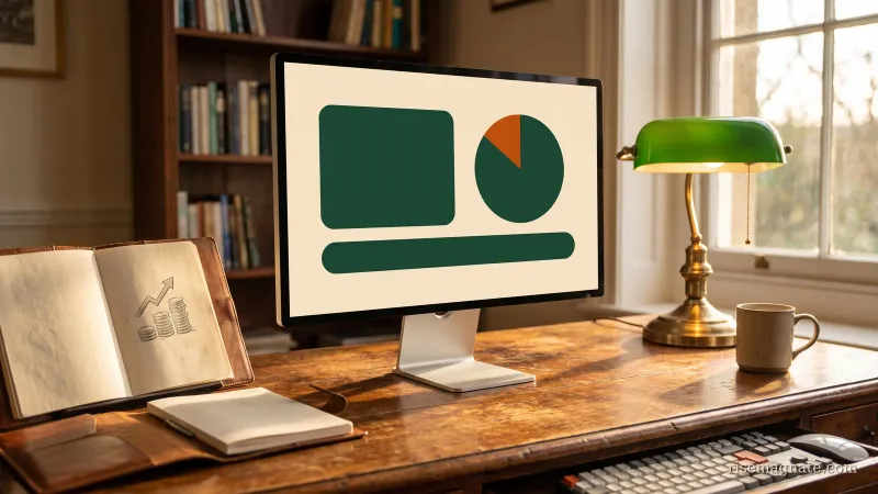 Monitor showing an abstract cash dashboard with a balance tile and a burn bar beside a notebook on a warm desk
