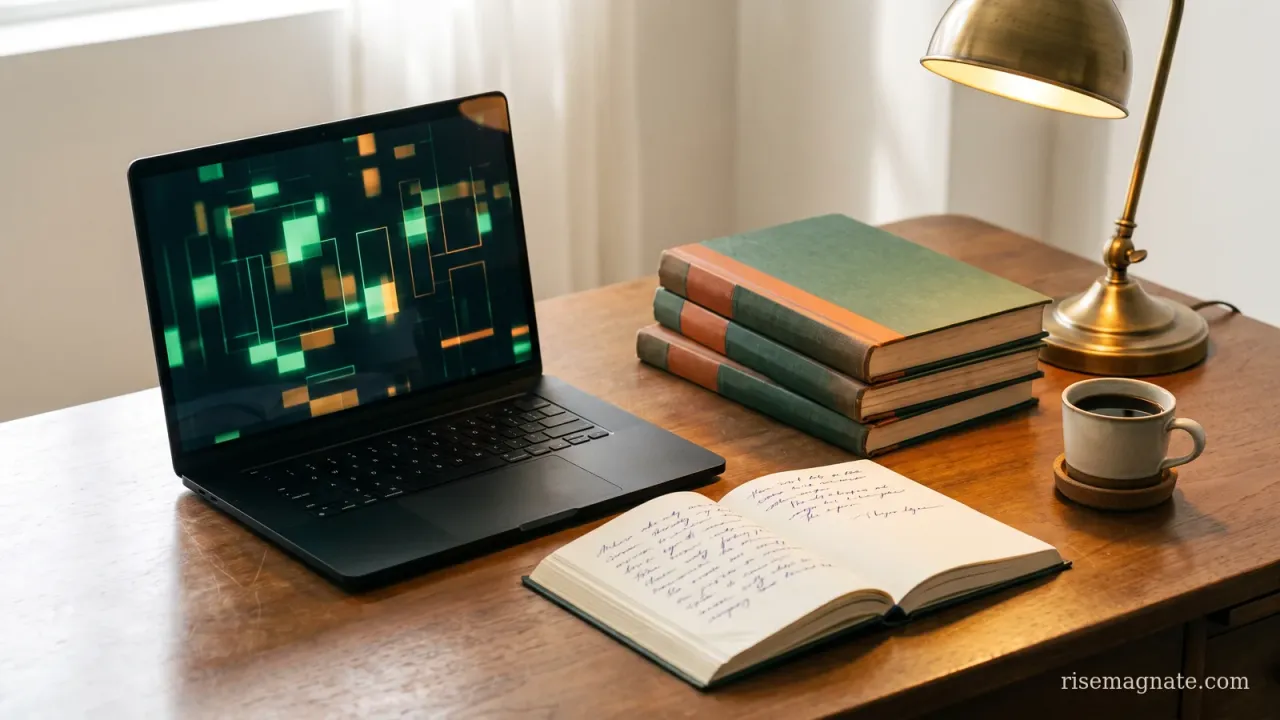 A founder's desk with an open laptop showing an abstract terminal, a handwritten notebook and a stack of ledgers, illustrating an AI operating assistant setup