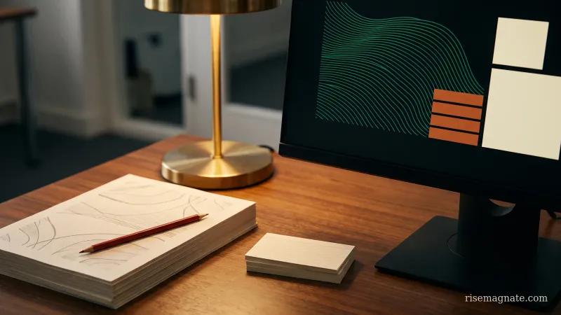 A monitor showing an abstract analytics dashboard beside a printed draft marked with a red editing pencil, illustrating AI content operations measurement