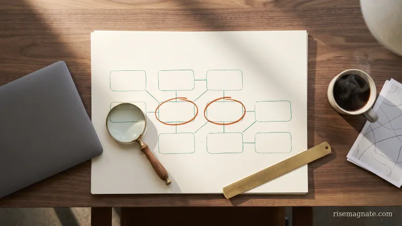 Overhead view of a hand-drawn competitor map on cream paper with two boxes circled in orange beside a magnifying glass, illustrating AI competitor analysis