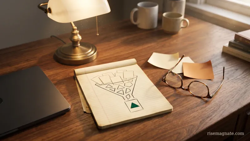A notepad on a desk showing a hand-drawn funnel narrowing many blank cards down to one marked card, illustrating AI product research and demand filtering
